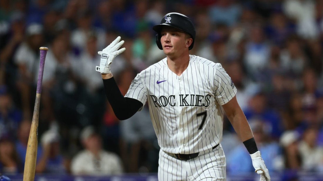 TJ Rumfield after a home run for the Rockies